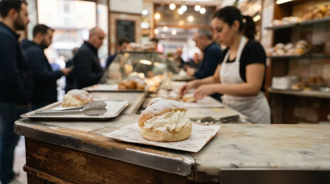 a fiocco di neve pastry at Pasticceria Poppella on Via Arena della Sanità, pale brioche split with cream, shot close-up at the counter