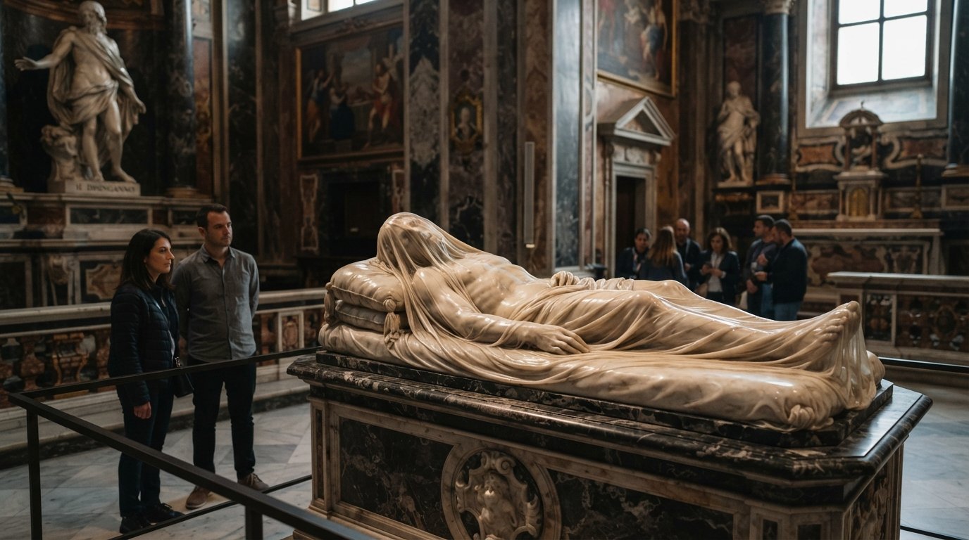the Veiled Christ inside Cappella Sansevero, marble shroud curling over the body under soft chapel light