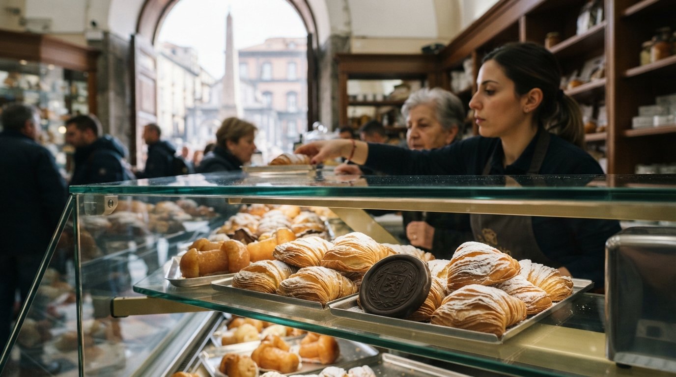 warm sfogliatelle and a ministeriale medallion in the pastry case at Scaturchio on Piazza San Domenico Maggiore