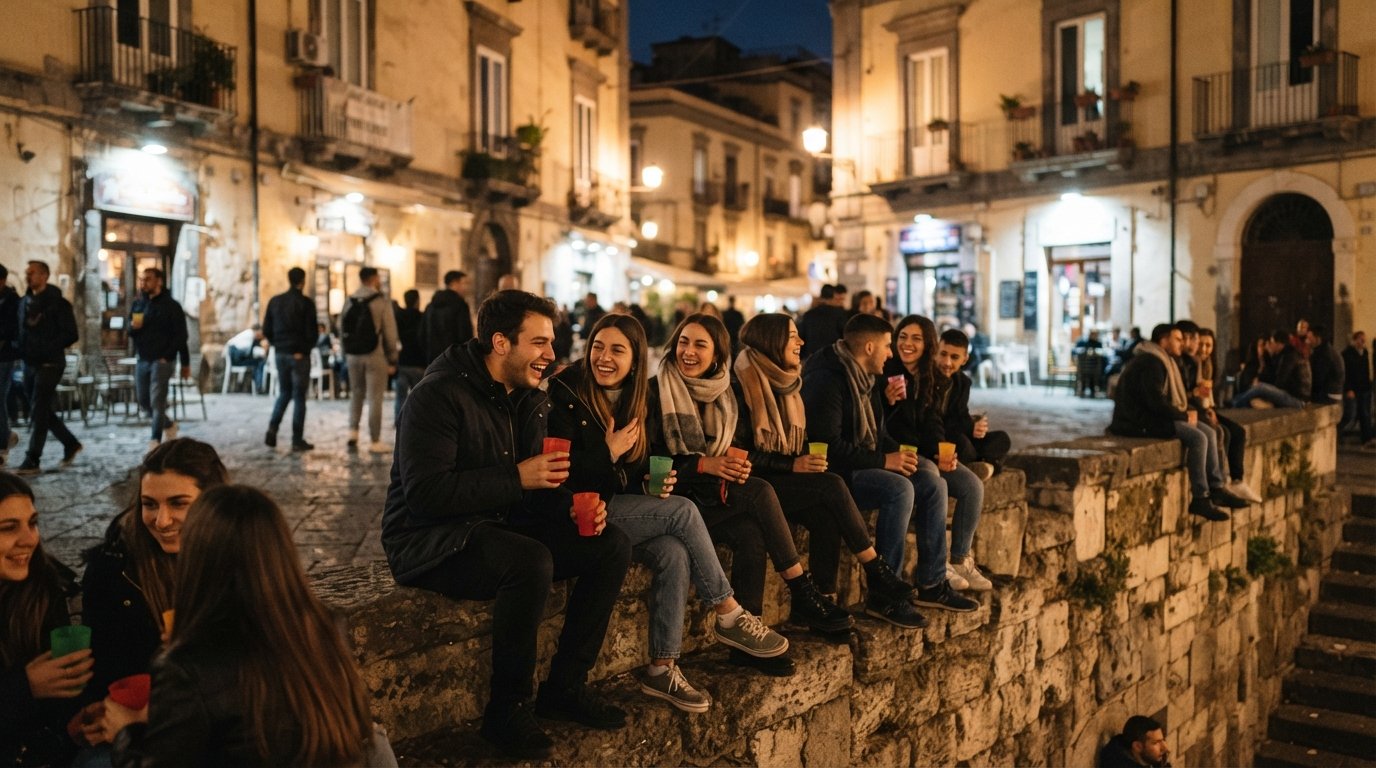 Piazza Bellini at night with students sitting on ancient Greek walls, plastic cups in hand and bar lights around the square