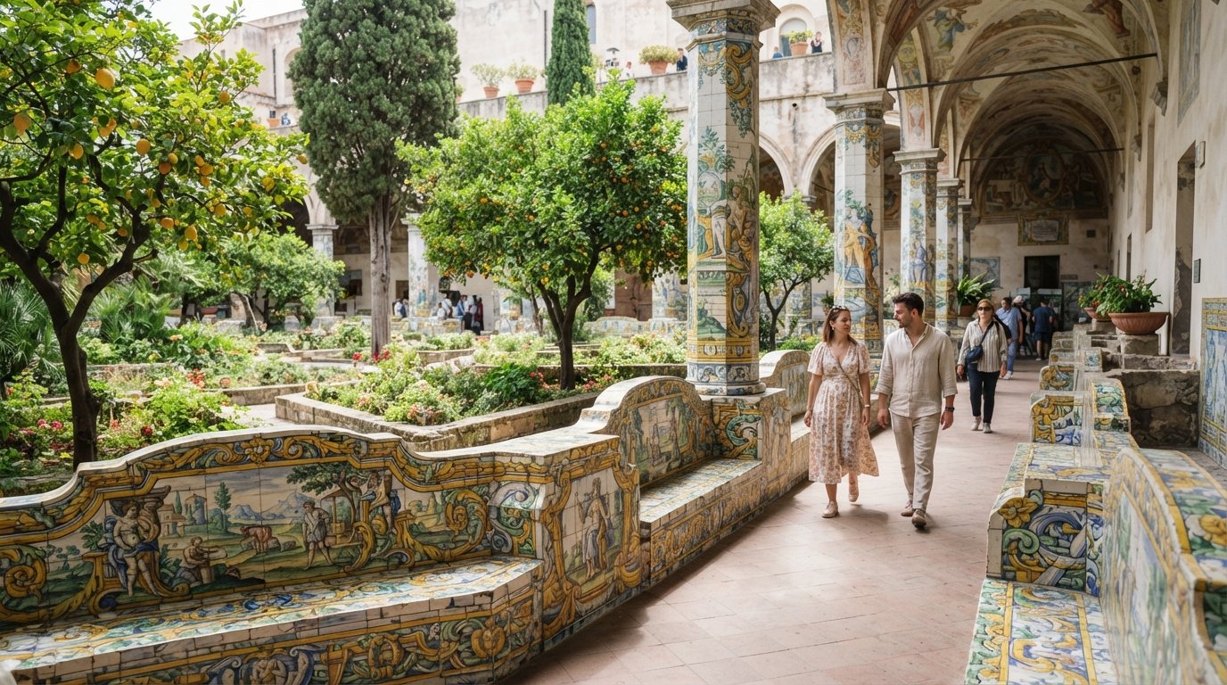 the majolica-tiled cloister of Santa Chiara, green garden beds and patterned tiles under bright daylight