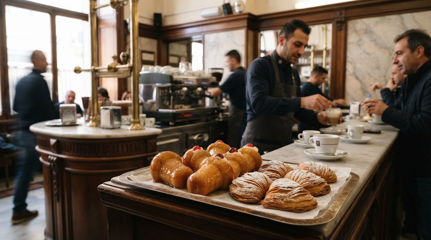 a tray of babà and sfogliatella at Gran Caffè Cimmino, polished café counter and elegant porcelain in warm afternoon light
