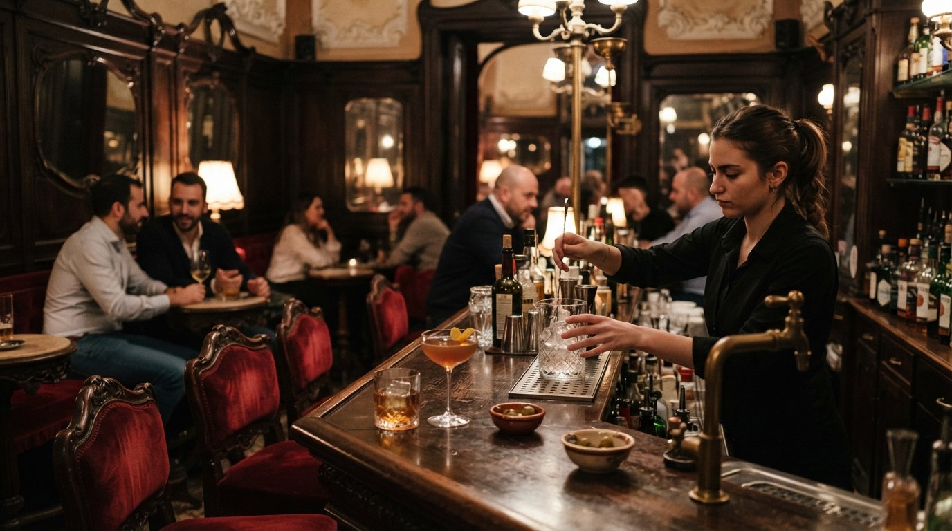 the red-velvet, Art Nouveau interior of L'Antiquario, cocktail glasses on the bar and a speakeasy mood after 6pm