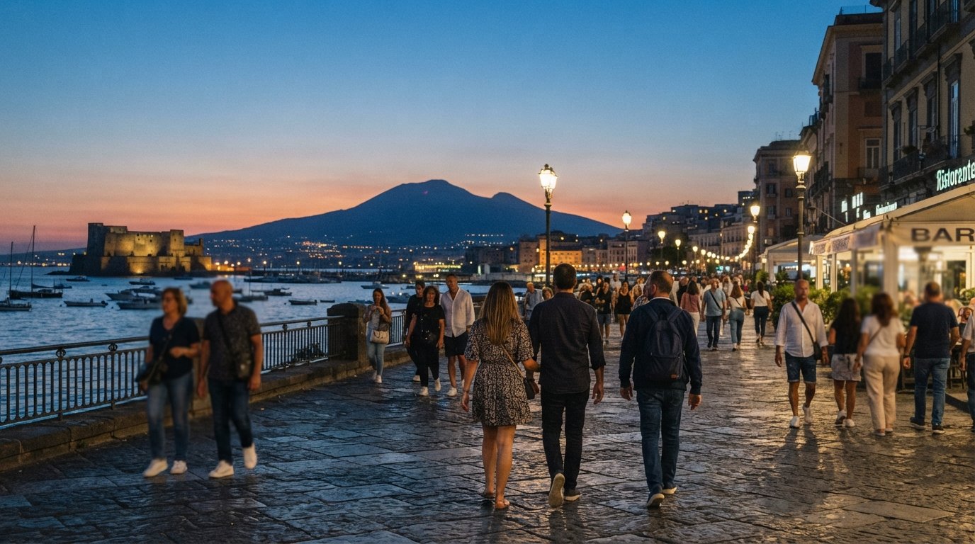 the Lungomare Caracciolo at dusk, pedestrians along the seafront with Vesuvius and the bay glowing in the distance