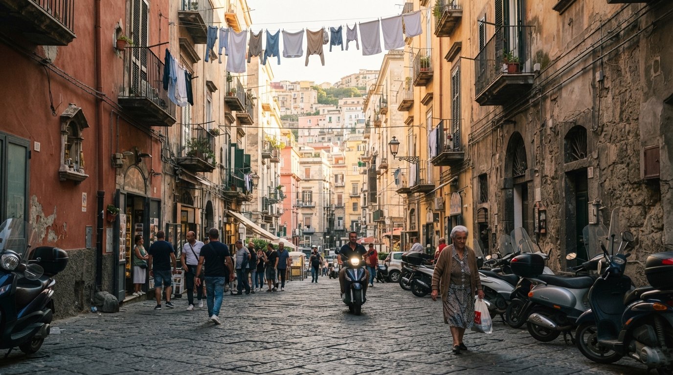 Via Materdei at street level with laundry strung overhead, scooters parked by worn stone facades, and the steep hill rising away toward the upper neighbourhood in late afternoon light