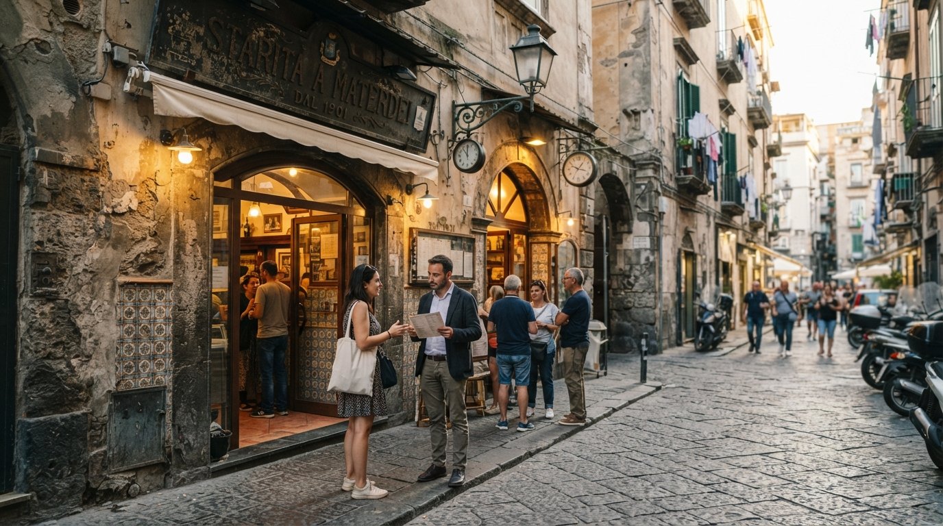 the exterior of Starita a Materdei on Via Materdei, with a small queue of diners waiting outside the historic pizzeria under the street sign