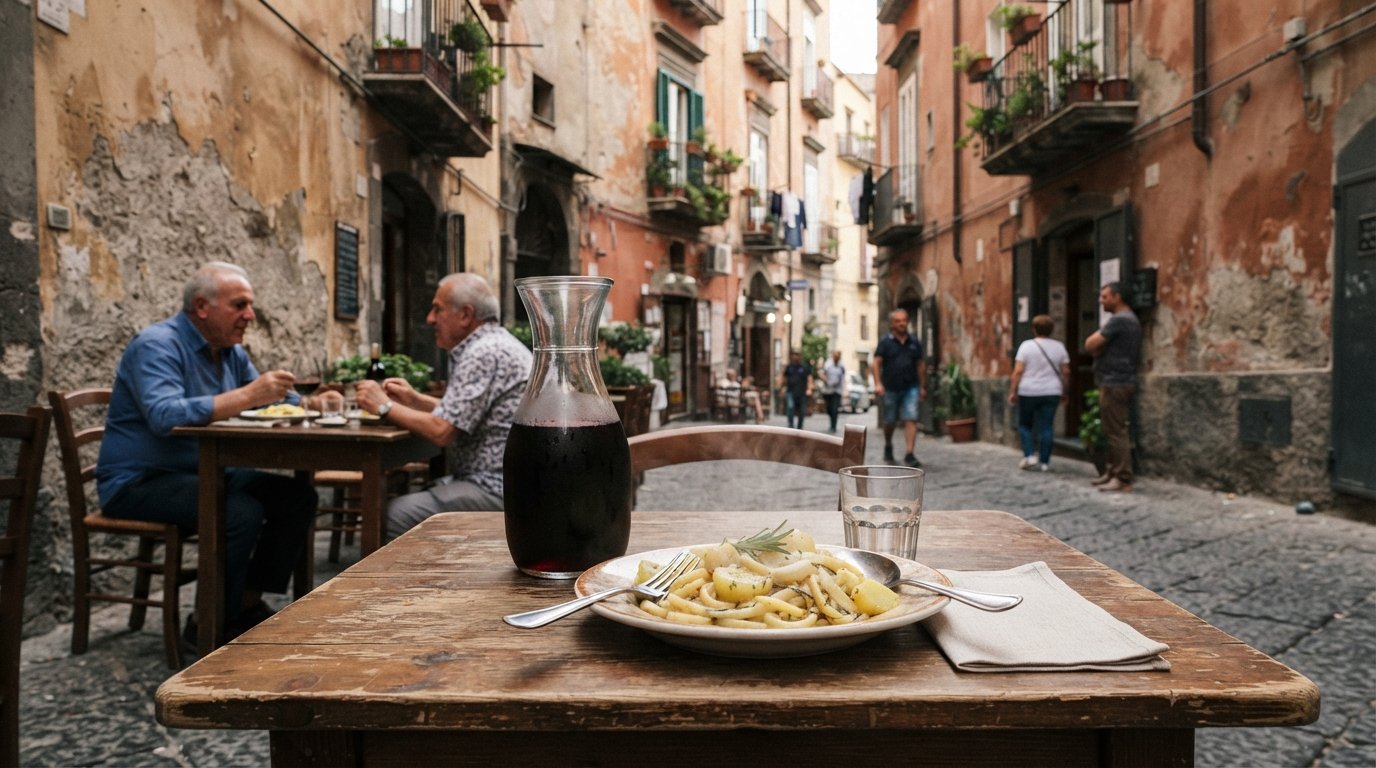 an outdoor table at Cantina del Gallo on Via Alessandro Telesino with a simple carafe of house red, a plate of pasta e patate and worn neighbourhood facades behind