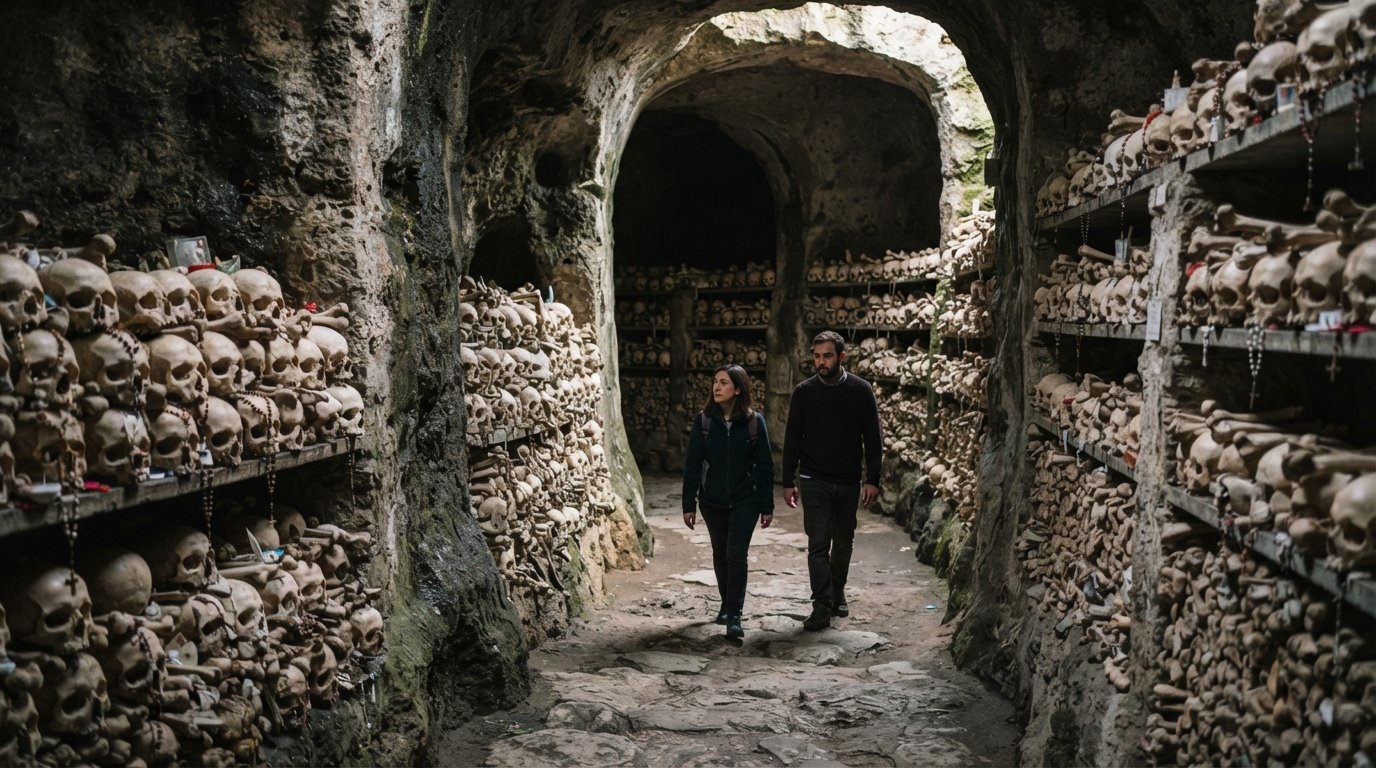 the dim, cavernous interior of the Cimitero delle Fontanelle with rows of skulls and bones in a tuff quarry passage, lit by soft ambient light
