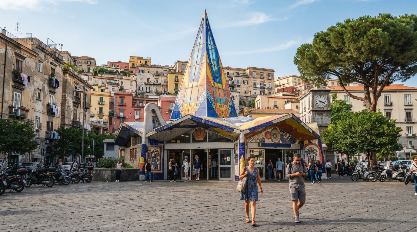 the colourful glass spire and art-filled entrance of Materdei metro station at Piazza Scipione Ammirato, with Mendini-style design details in daylight