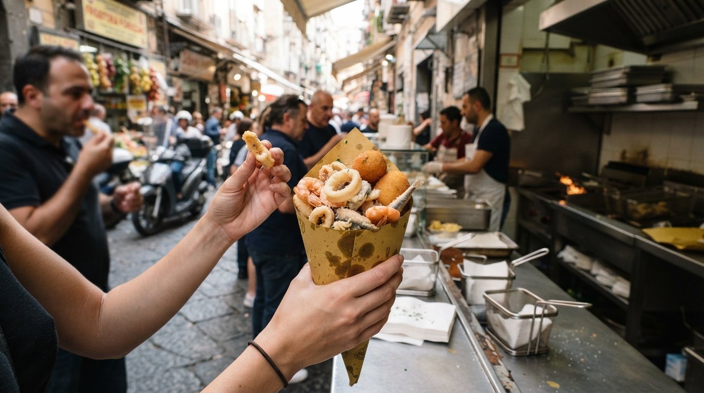 a paper cone cuoppo and golden fritto at Friggitoria Fiorenzano on Via Pignasecca, eaten standing at the counter in the heat of lunch