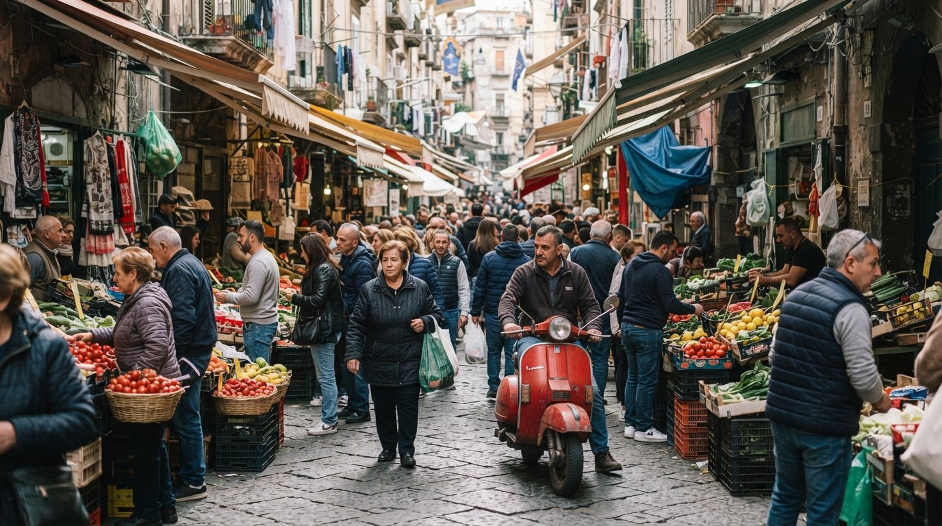the crowded length of La Pignasecca market along Via Pignasecca and Via Portamedina, scooters edging past stalls and shoppers under hanging awnings