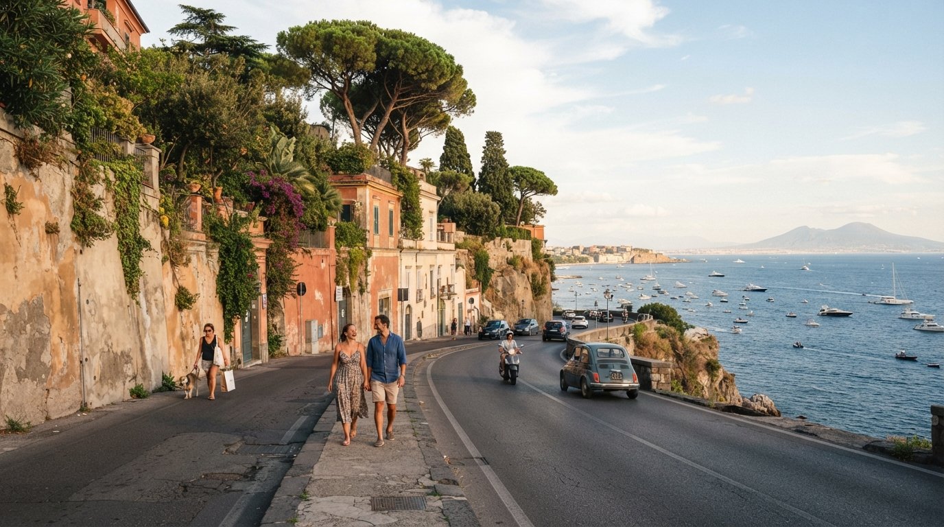 the Via Posillipo corniche with high villa walls, pine trees and the blue Gulf of Naples dropping away on the right at late afternoon