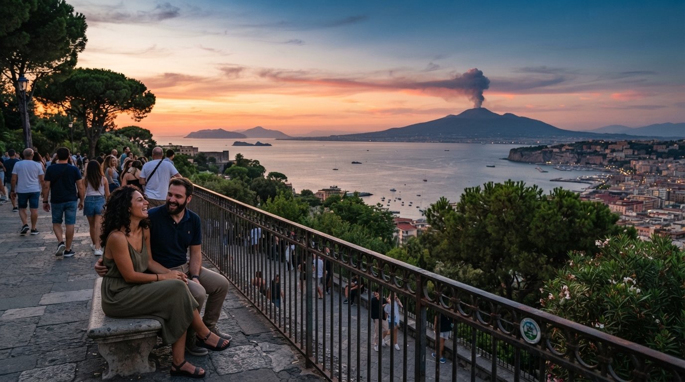 Parco Virgiliano at sunset with Vesuvius smoking in the distance, the bay and islands spread across the horizon from one of the park’s terraces