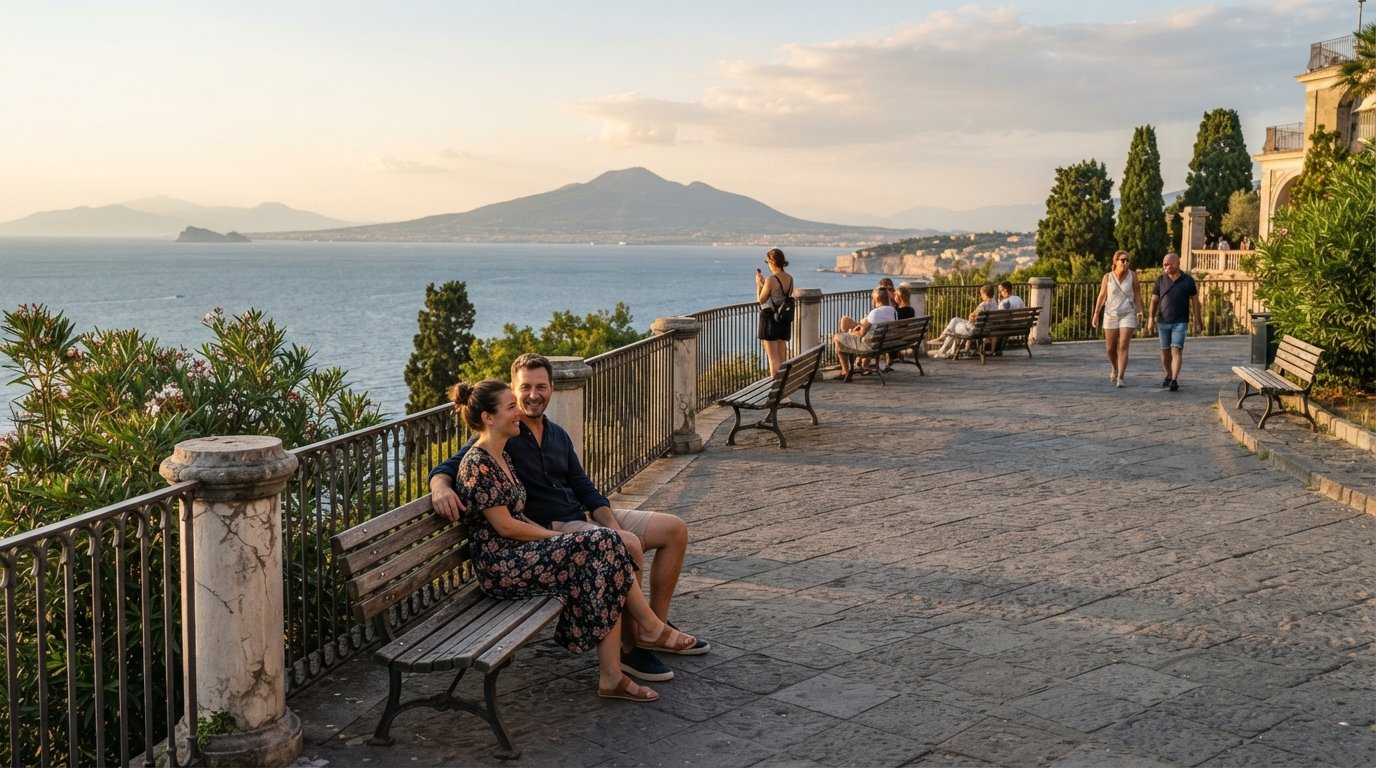 one of the three terraces at Parco Virgiliano in late afternoon light, benches facing Vesuvius, Capri and the bay