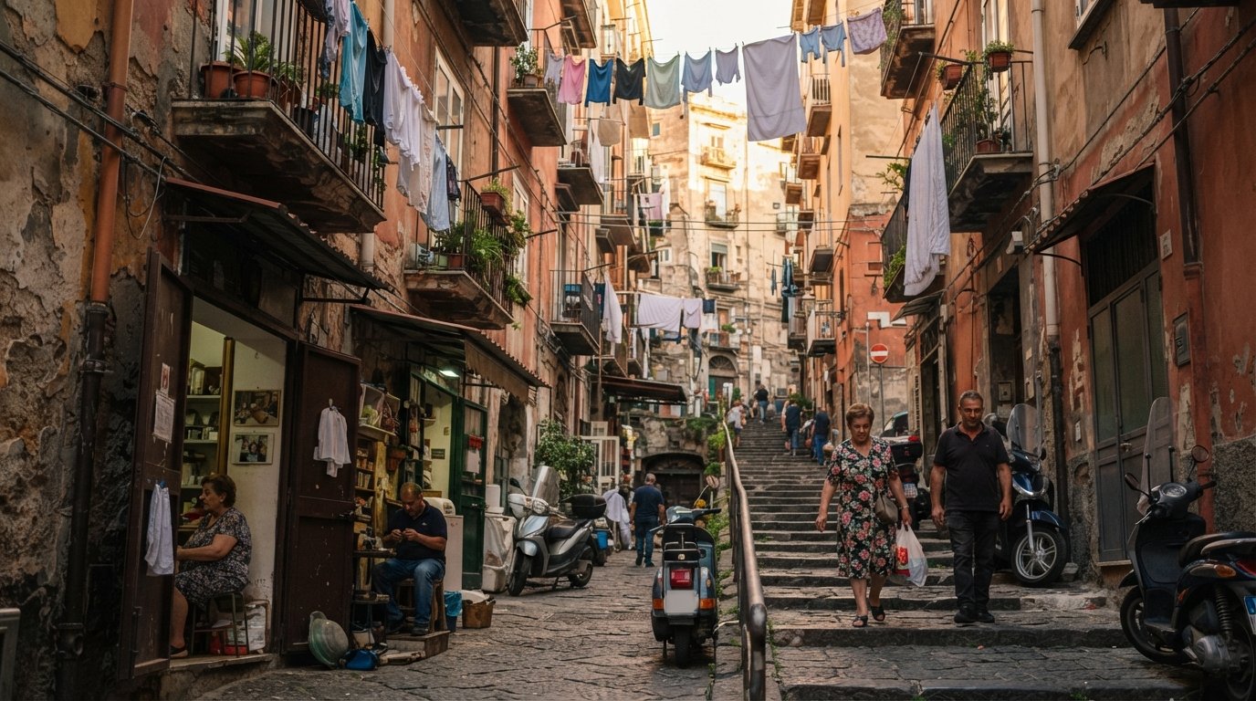 a steep Vicolo in the Quartieri Spagnoli with washing lines overhead, open bassi at street level and balconies nearly touching in late-afternoon light
