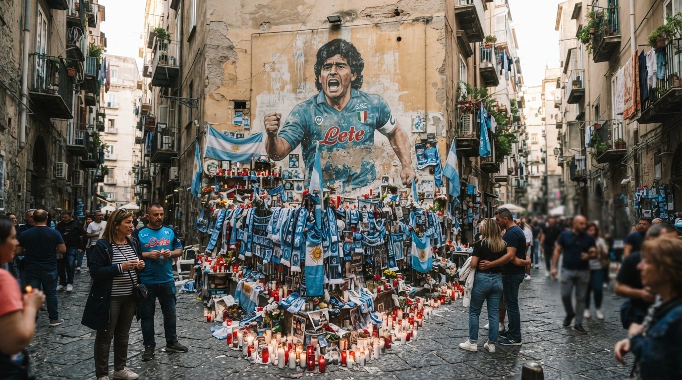 the Maradona mural at Largo Maradona on Via Emanuele De Deo, three storeys high, framed by candles, scarves and football scarves in a compact alley square