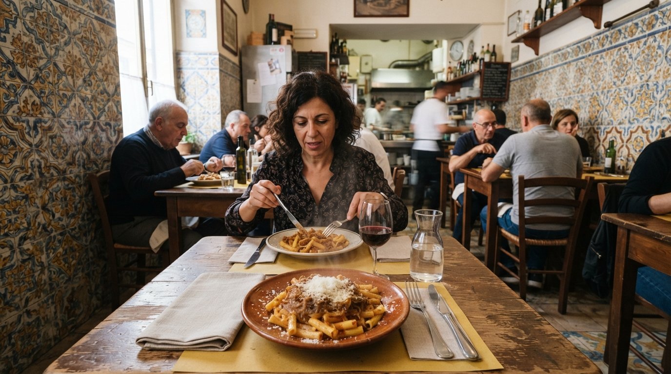 the tiled dining room of Osteria della Mattonella, hand-painted majolica walls, simple tables and a plate of ziti Genovese on a small trattoria table