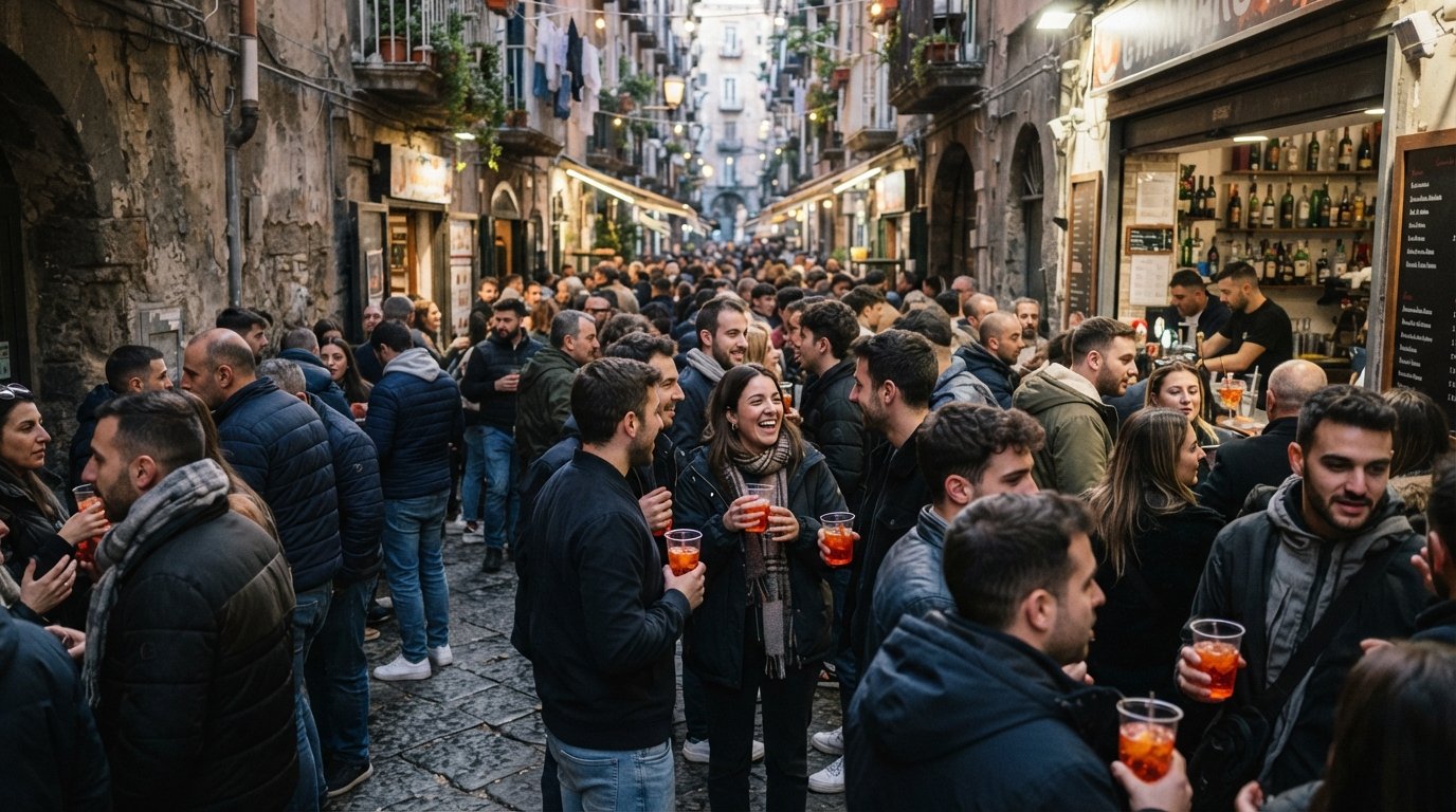 Cammarota Spritz on Vico Lungo Teatro Nuovo at evening rush, a packed alley of standing drinkers with orange spritzes in plastic cups