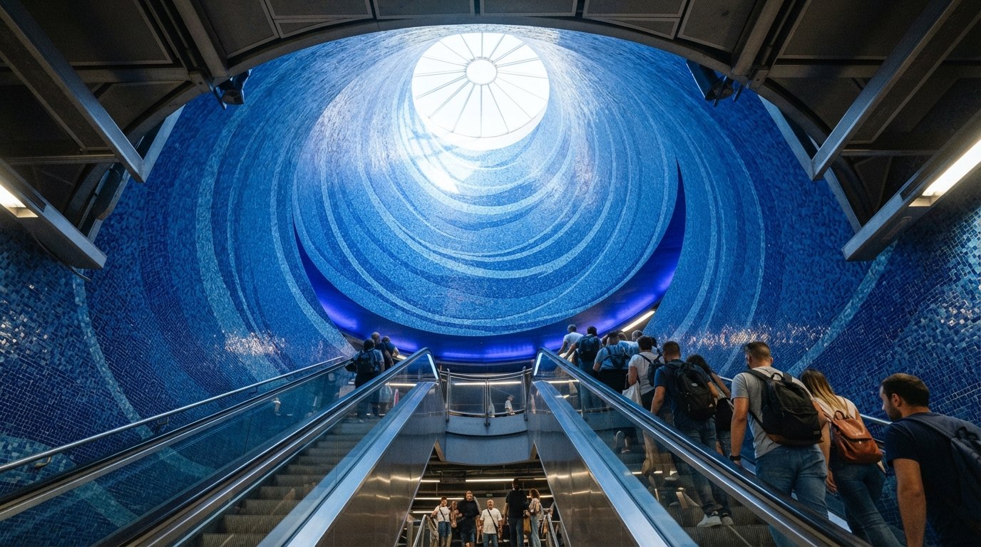the blue mosaic Crater de Luz light shaft inside Toledo metro station, viewed from below with descending escalators and reflected light