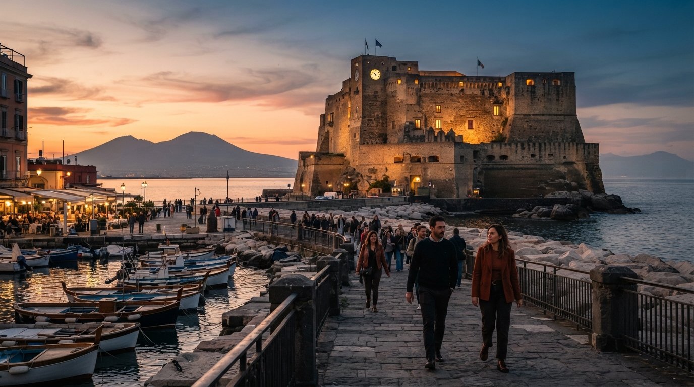 Castel dell'Ovo on the islet of Megaride at sunset, seen from the causeway with the bay glowing behind it and Vesuvius faint on the horizon