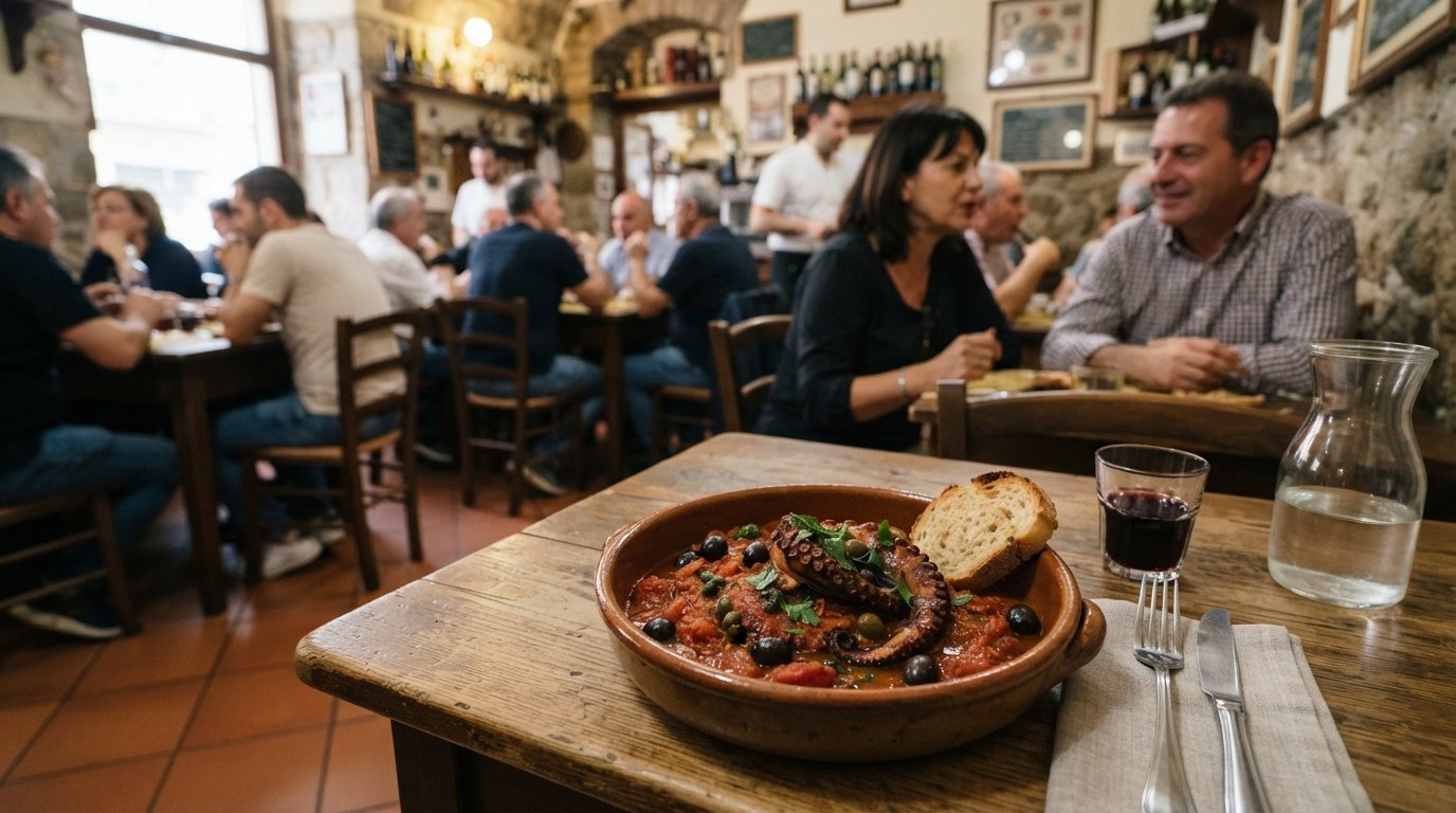 a plated serving of polpo alla luciana at Da Ettore, octopus in tomato sauce with olives and garlic on a simple trattoria table