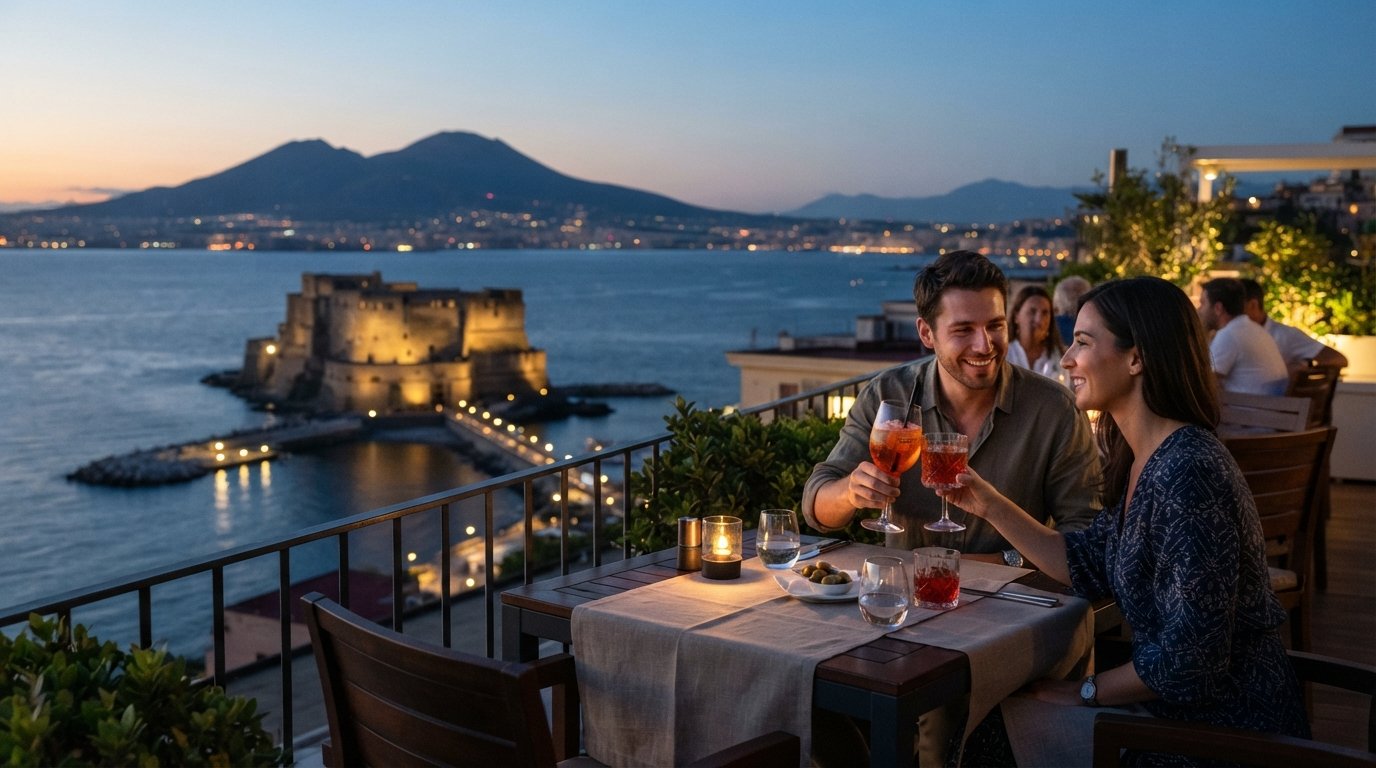 the Sky Lounge at Grand Hotel Vesuvio at dusk, rooftop tables facing Castel dell'Ovo and Vesuvius with cocktail glasses catching the last light