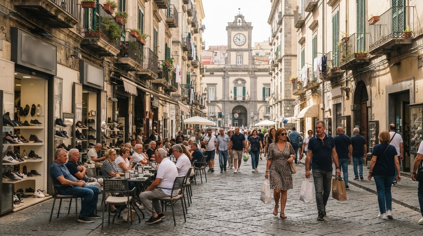 Pedestrian Via Scarlatti near Piazza Vanvitelli, café tables, shoe shops and locals strolling in the late-morning sun