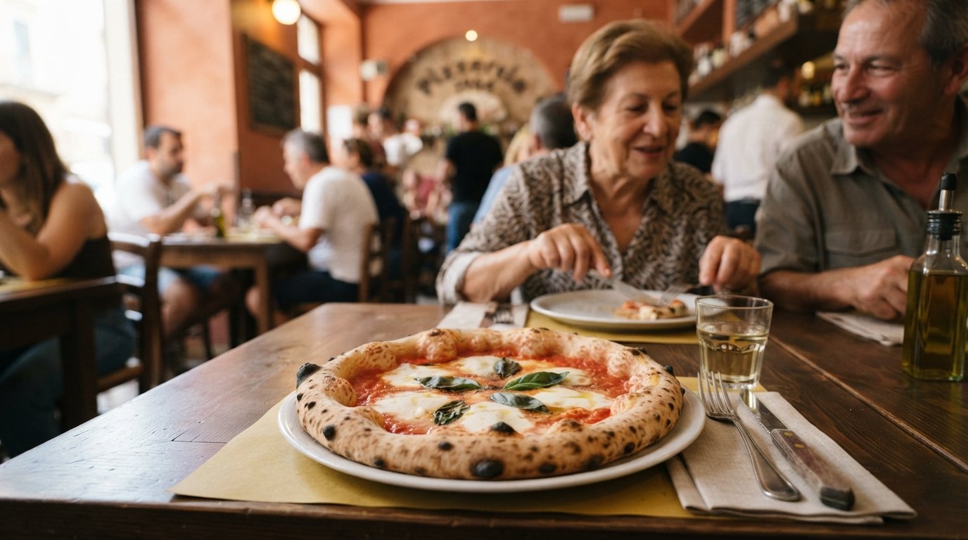 A classic Neapolitan pizza at Pizzeria Acunzo 1964, blistered crust and simple toppings on a white plate