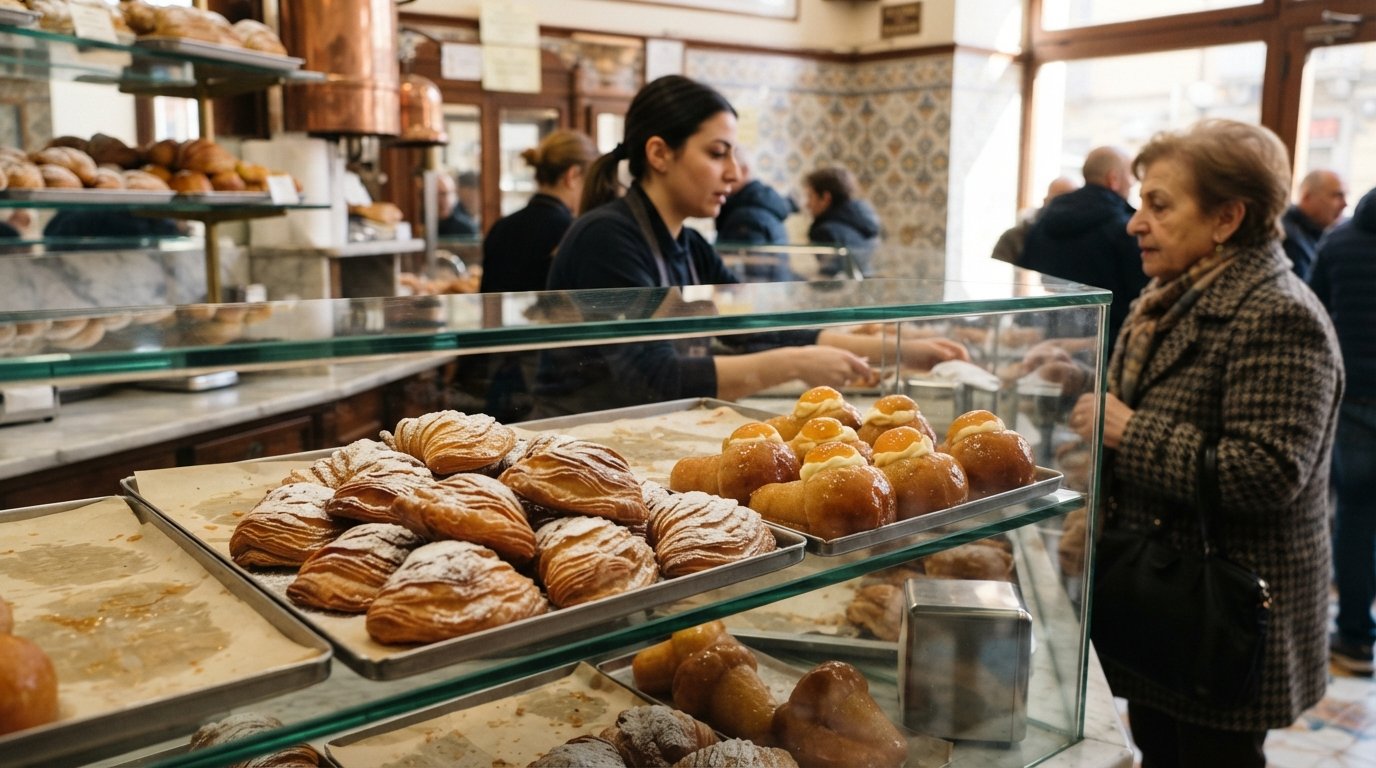 A tray of sfogliatella and babà at Casa Infante, glossy pastry and syrupy cakes displayed behind glass