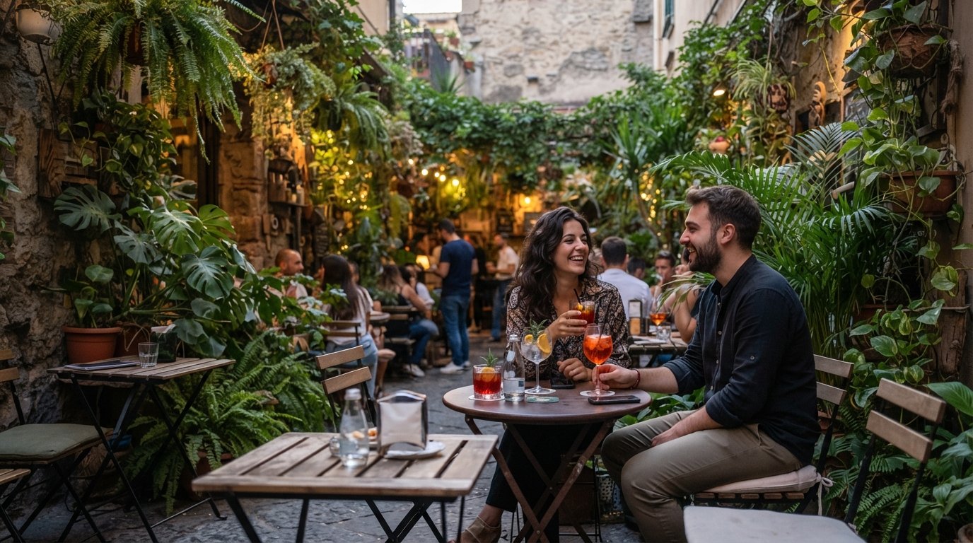 Barrio Botanico’s plant-filled courtyard at Via Scarlatti 139, cocktail glasses on small tables under evening greenery