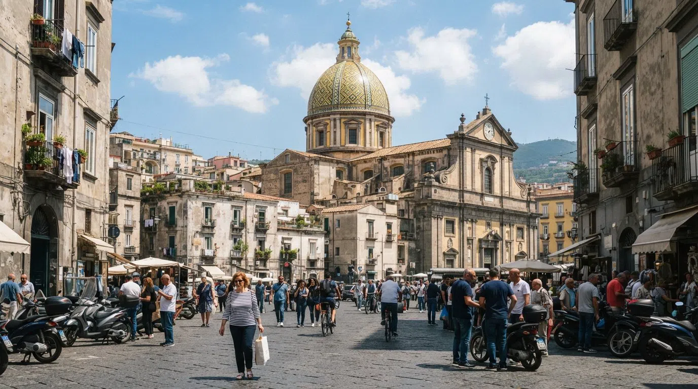 la cupola maiolicata gialla e verde della Basilica di Santa Maria della Sanità che si innalza sopra Piazza Sanità, con persone che si muovono nella piazza sottostante