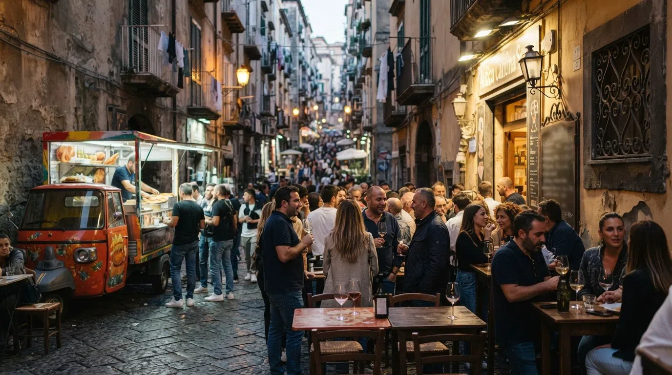 Antica Cantina Sepe in Via Vergini al tramonto, tavoli che si riversano in strada con bicchieri di vino, gente del posto spalla a spalla e un furgoncino di pizza fritta fuori